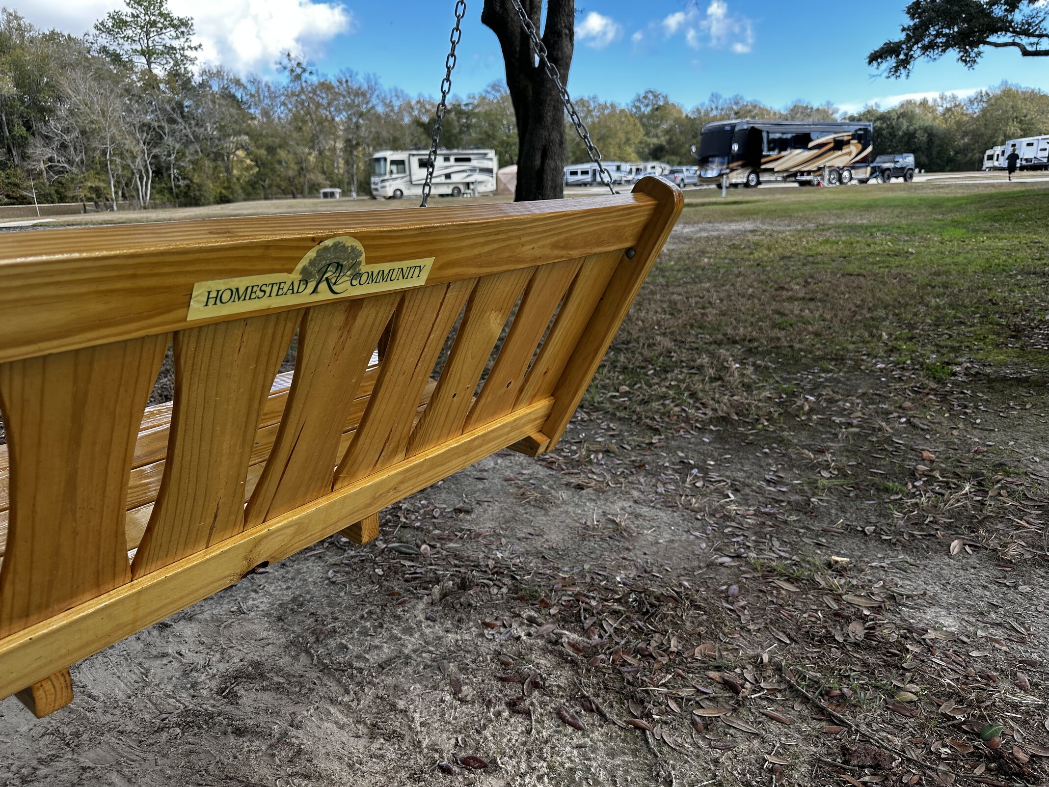 swing under a shady oak tree at Homestead RV Community